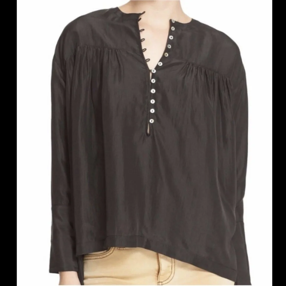 Free People Silk Blouse Button Front Long Sleeve Shirred Oversized Black M NWT